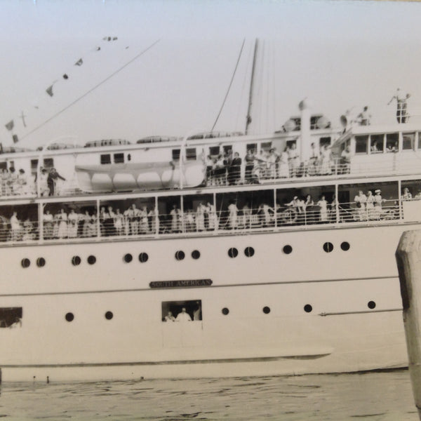 Vintage Mid Century B&W Photo SS South American Cruise Exterior Shot from Port Passengers Along the Rails
