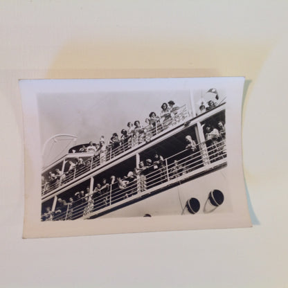 Vintage Mid Century B&W Photo SS South American Cruise Exterior Shot Passengers Crowded at Rail Upper and Lower Decks