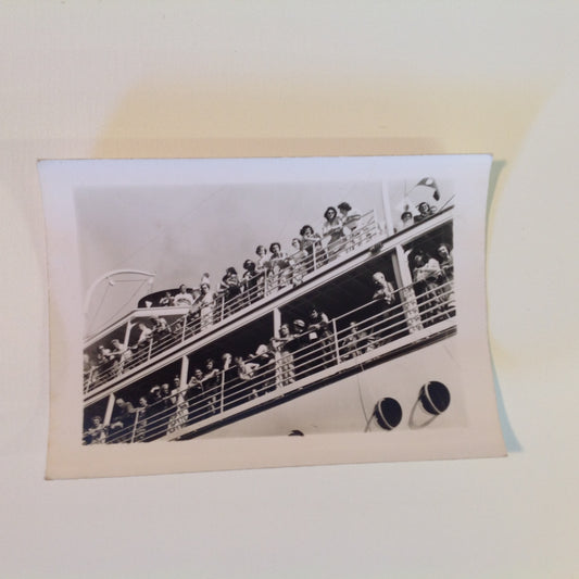 Vintage Mid Century B&W Photo SS South American Cruise Exterior Shot Passengers Crowded at Rail Upper and Lower Decks