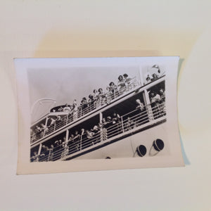Vintage Mid Century B&W Photo SS South American Cruise Exterior Shot Passengers Crowded at Rail Upper and Lower Decks