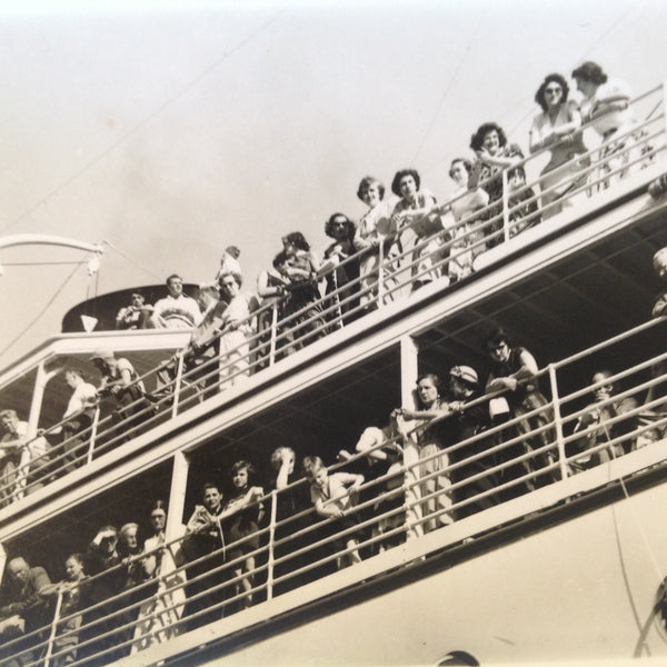 Vintage Mid Century B&W Photo SS South American Cruise Exterior Shot Passengers Crowded at Rail Upper and Lower Decks