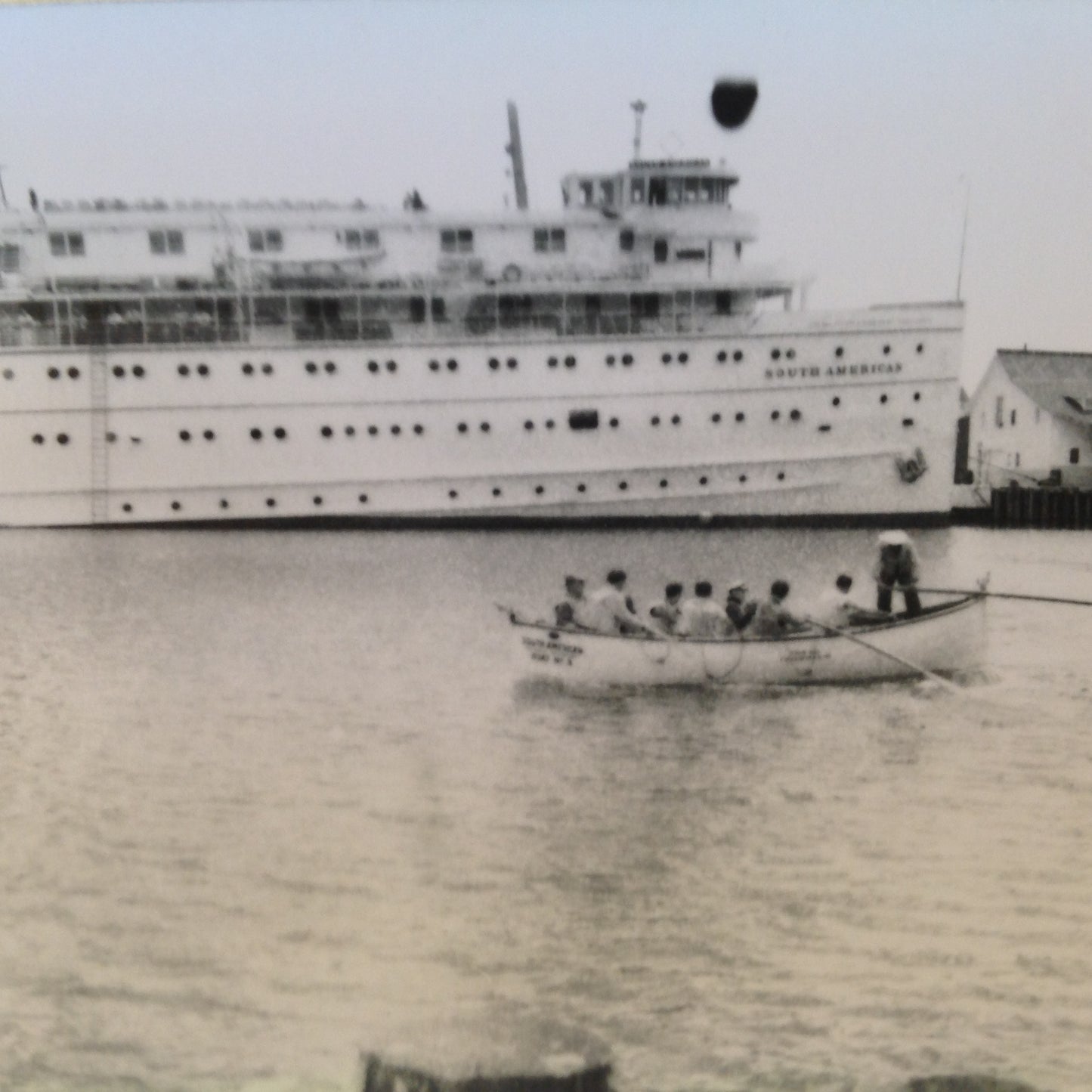 Vintage Mid Century B&W Photo SS South American Cruise Exterior Shot Outing on the Lifeboat