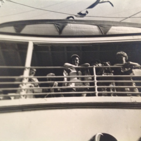 Vintage Mid Century B&W Photo SS South American Cruise Exterior Candid Shot at the Rails Above Portholes