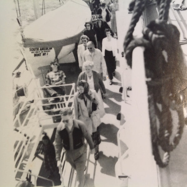 Vintage Mid Century B&W Photo SS South American Cruise Exterior Shot Passengers Walk Single File on Deck