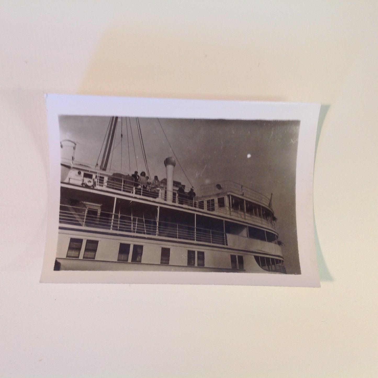 Vintage Mid Century B&W Photo SS South American Cruise Exterior Shot Passengers on the Upper Deck with Captain and Mate