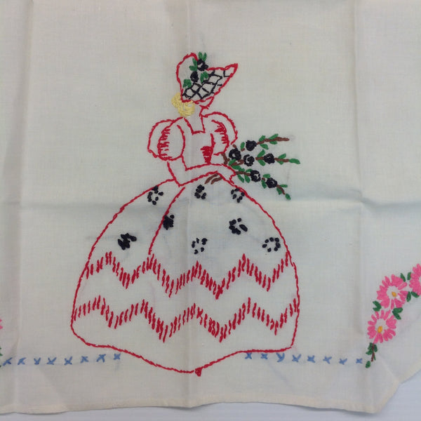 Vintage 1960's White Organza Apron with Embroidered Flowers and Maiden