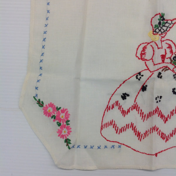 Vintage 1960's White Organza Apron with Embroidered Flowers and Maiden