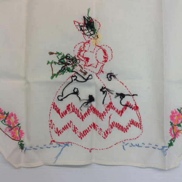 Vintage 1960's White Organza Apron with Embroidered Flowers and Maiden