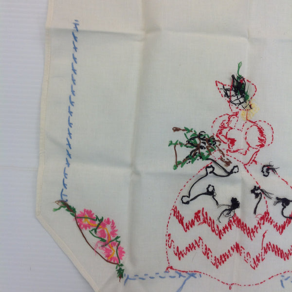 Vintage 1960's White Organza Apron with Embroidered Flowers and Maiden